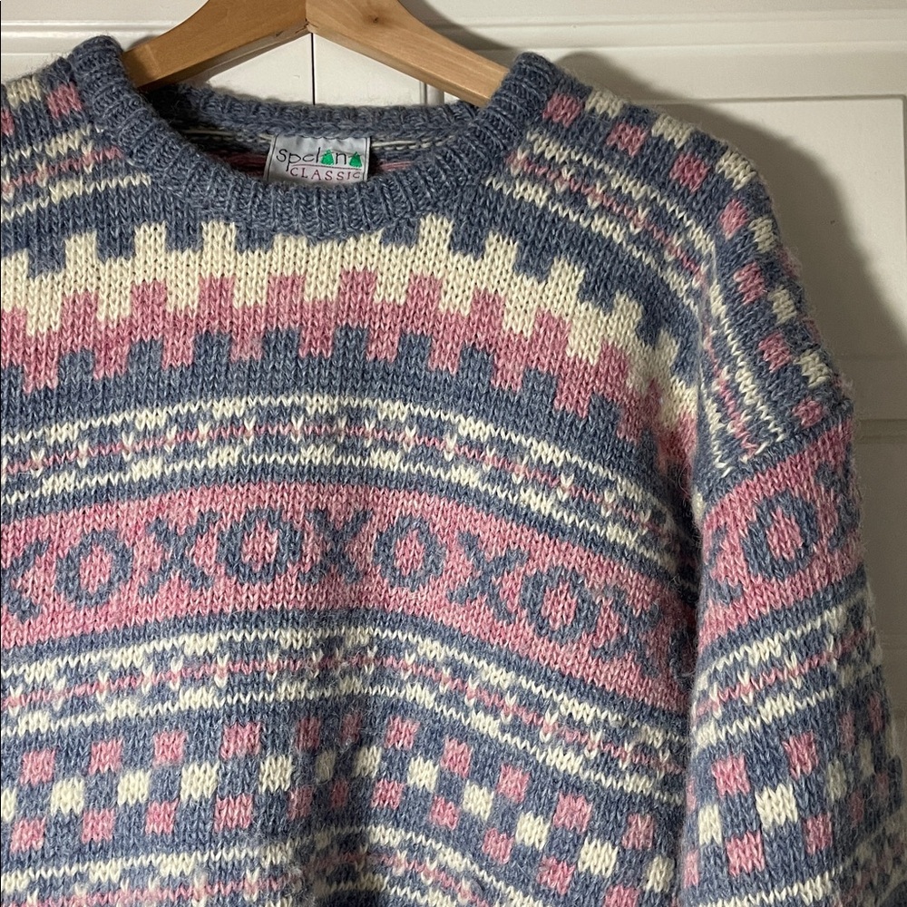 Irish Wool Crewneck Sweater in Blue, Pink & Cream